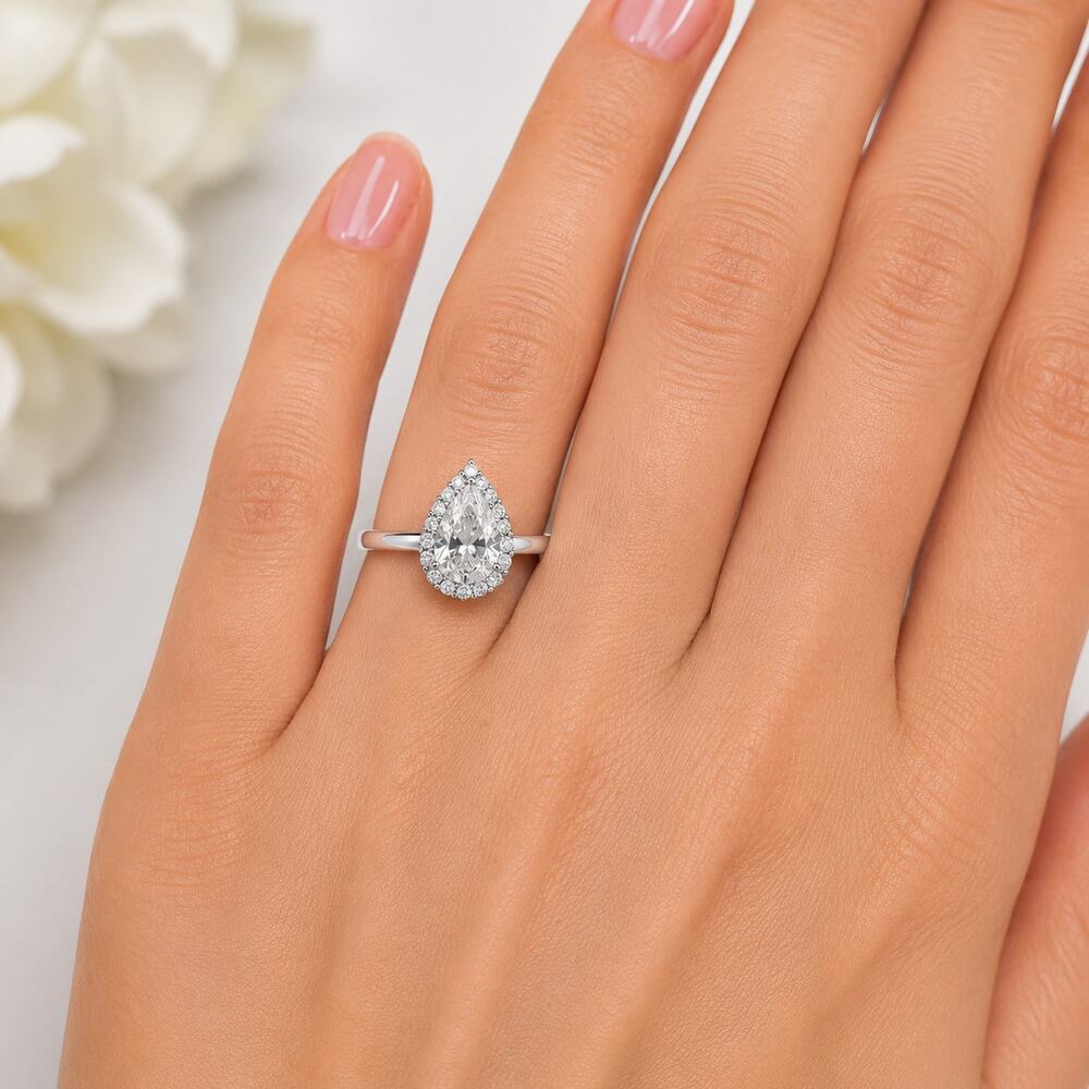 925 SS Moissanite Pear Cut Halo Engagement Ring 1.79 CTW Size 8 w/ LED Gift Box
